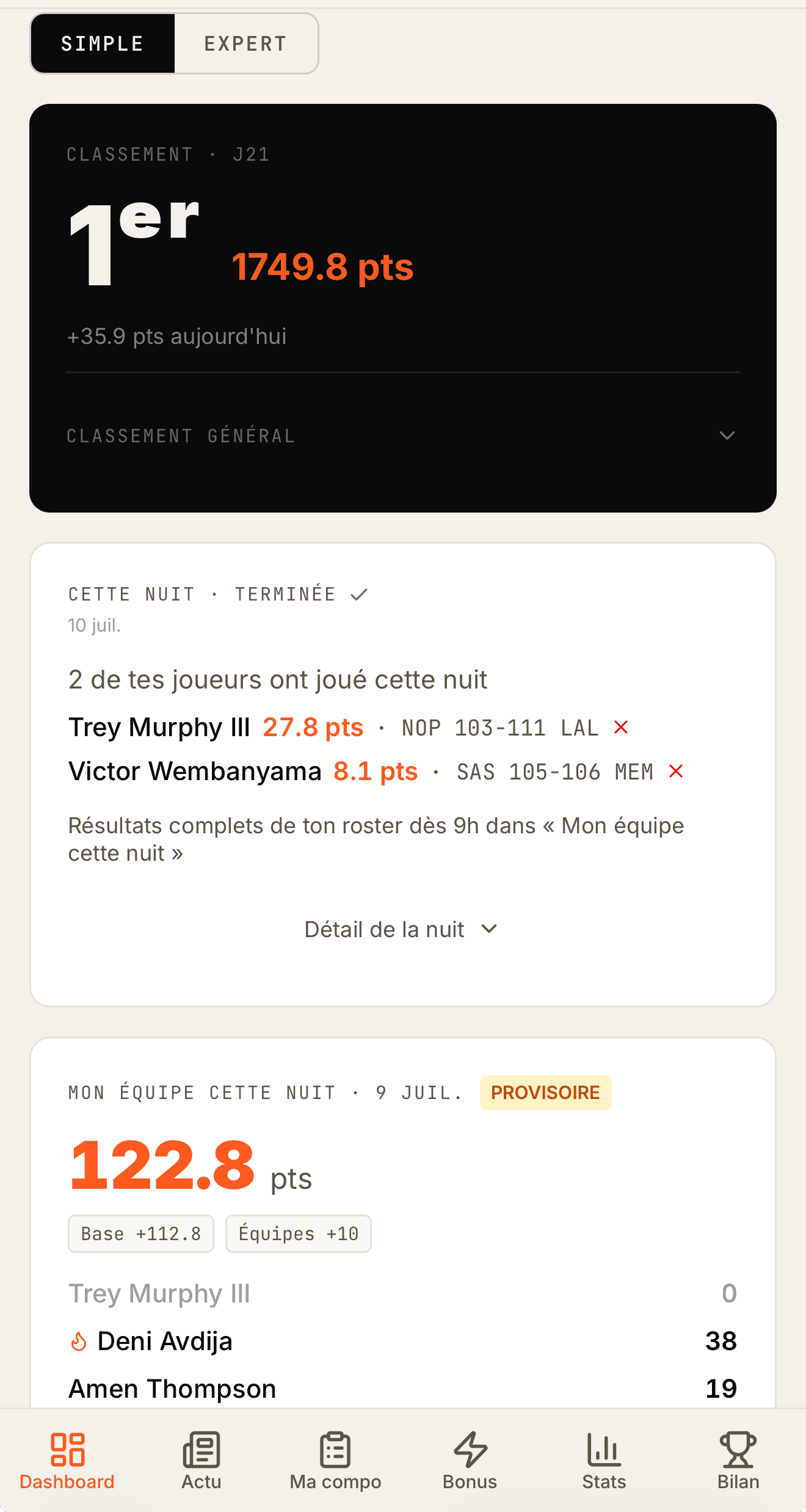Dashboard Clutch5 — les résultats de la nuit sur mobile